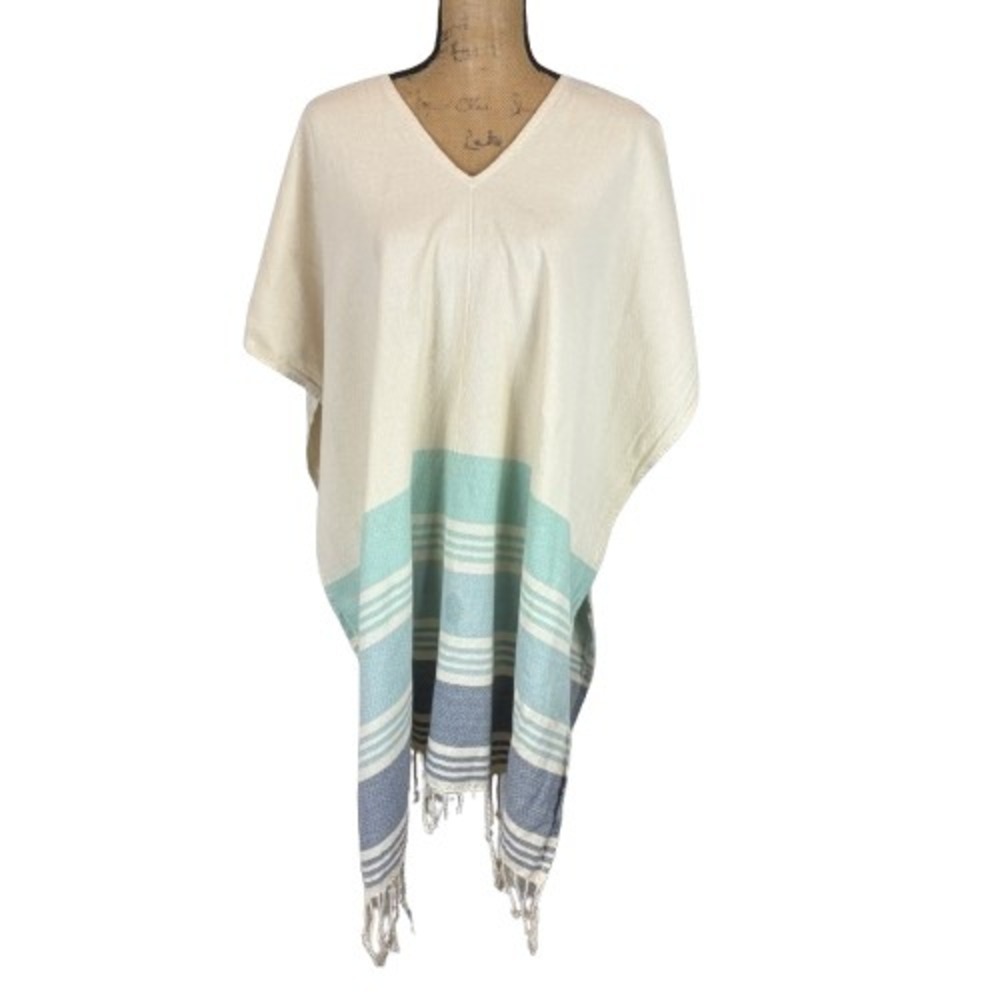 Tribe Alive Fringe Poncho Kaftan Swim Coverup Cream Blue Ombre‎ Beach One Size